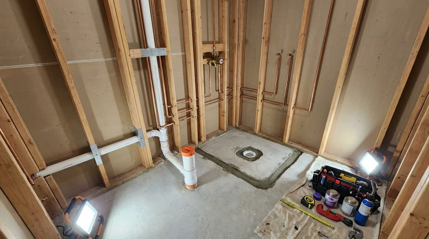 Bathroom rough-in plumbing during remodel by Johns Plumbing LLC in West Rutland
