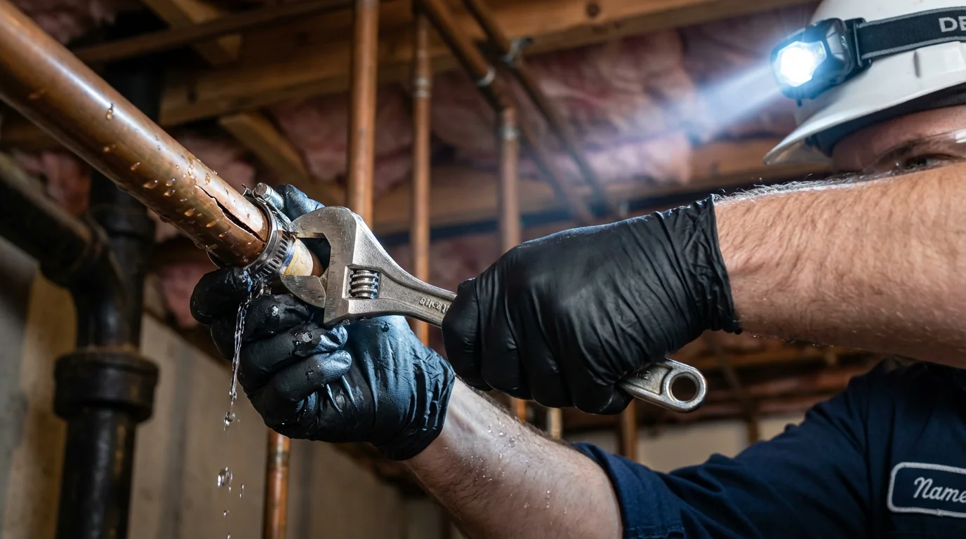 Emergency pipe clamp repair being performed by a Johns Plumbing LLC plumber in West Rutland