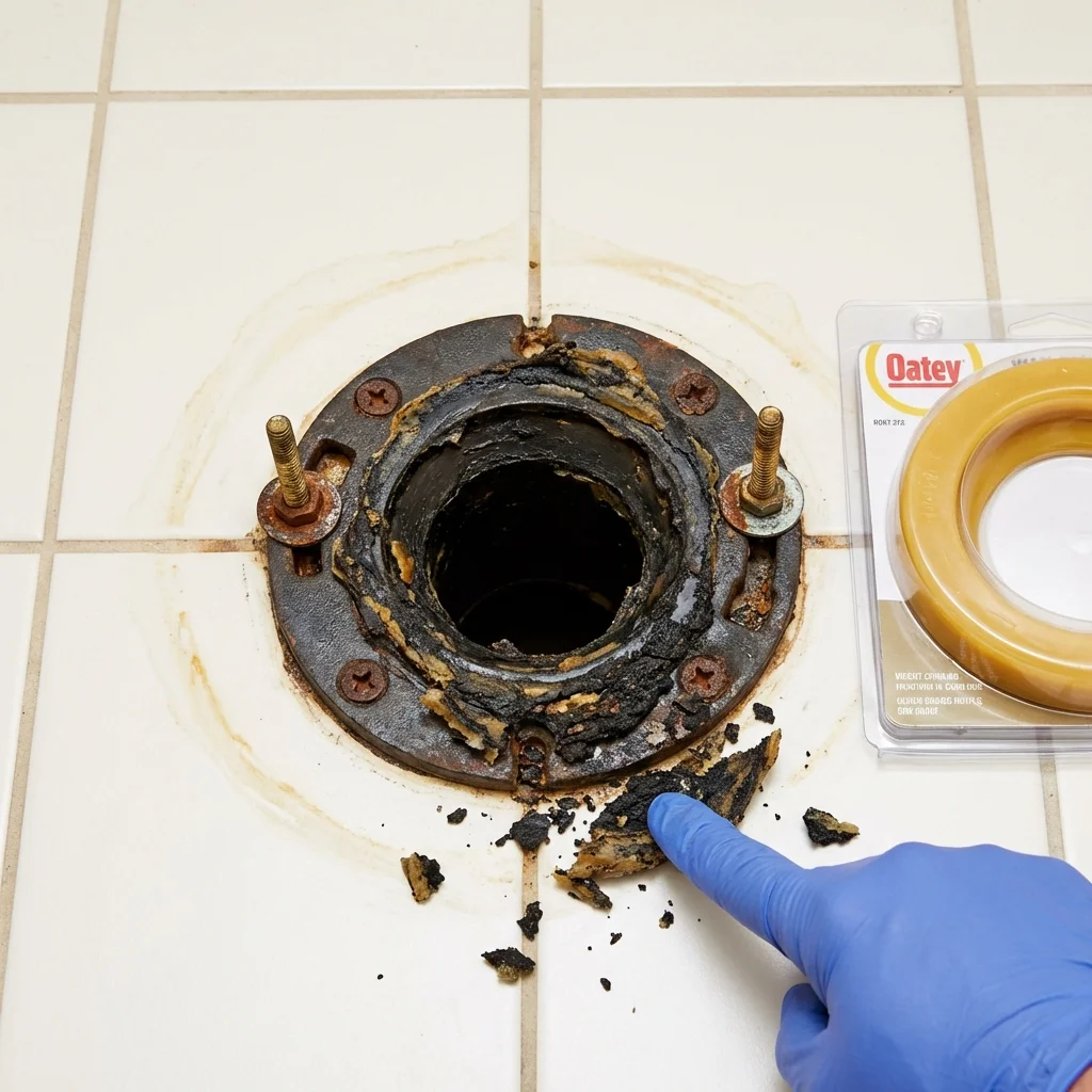 Failed wax ring showing water seepage at the base of a toilet in a West Rutland, VT home