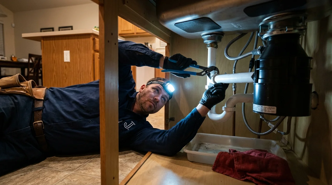 P-trap and supply line connections under a kitchen sink showing a common leak point in West Rutland, VT